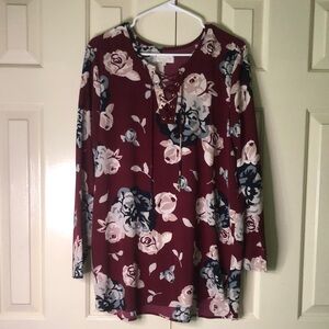 Floral Lace-Up Burgundy Top